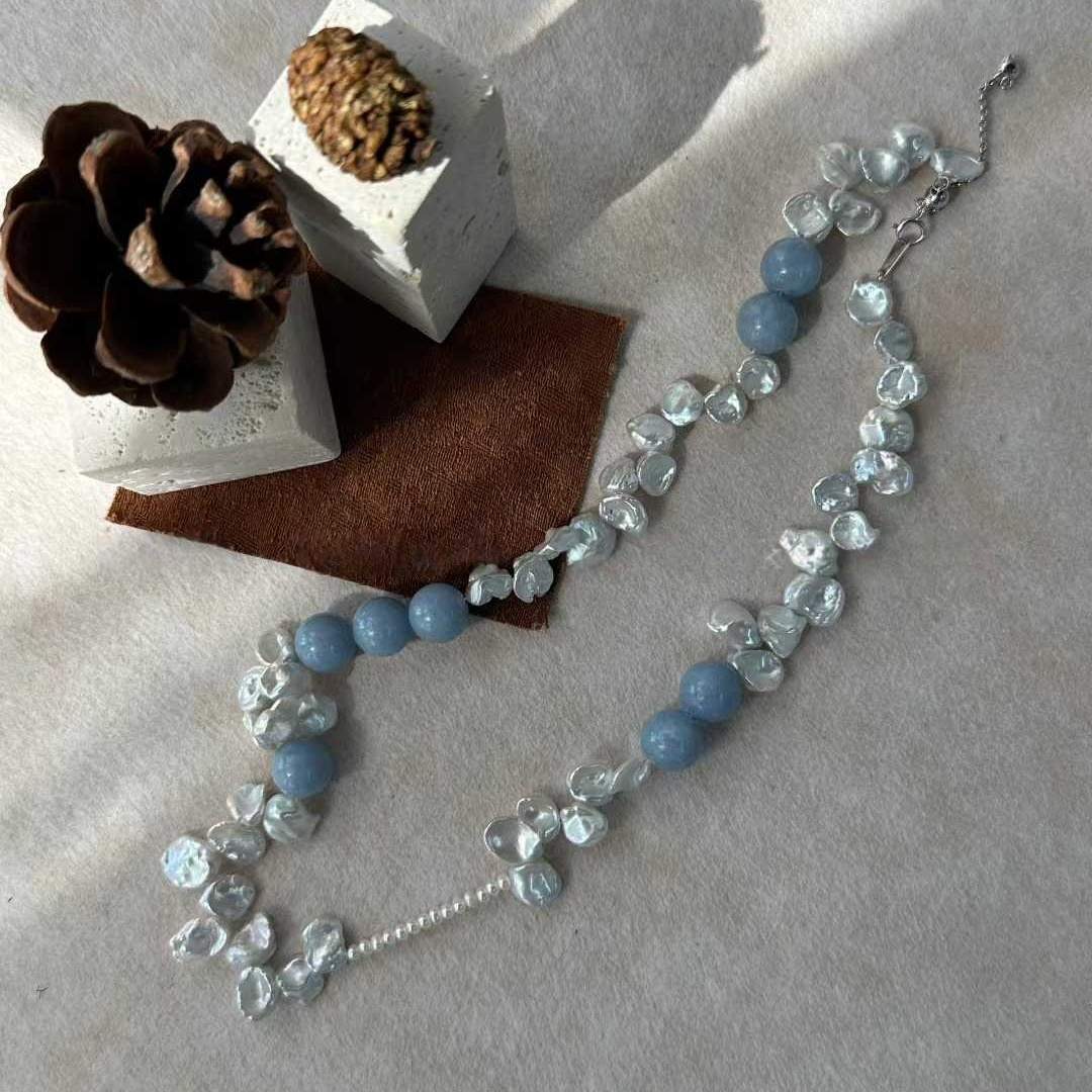 PETAL BAROQUE PEARL NECKLACE WITH PERUVIAN BLUE STONE
