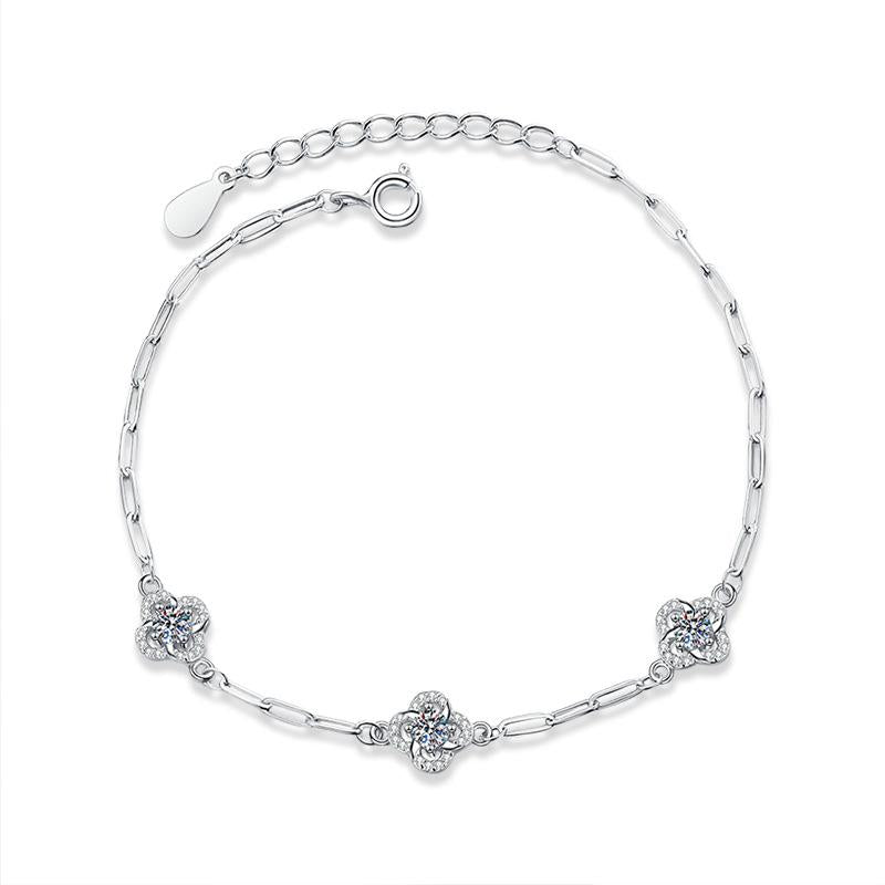 S925 Sterling Silver Four-Leaf Clover Bracelet with Moissanite
