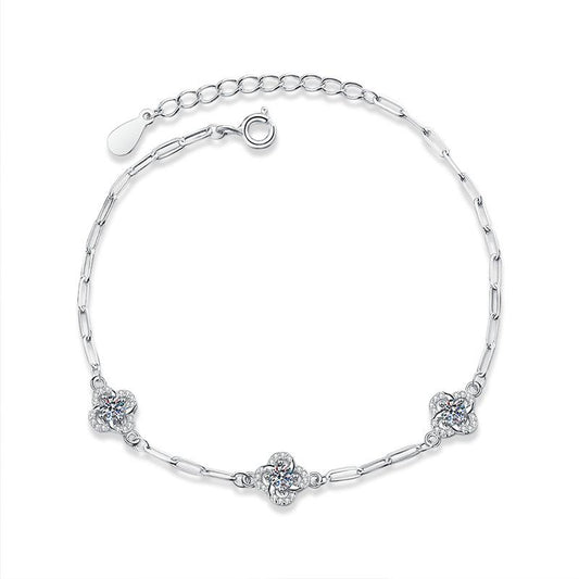 S925 Sterling Silver Four-Leaf Clover Bracelet with Moissanite