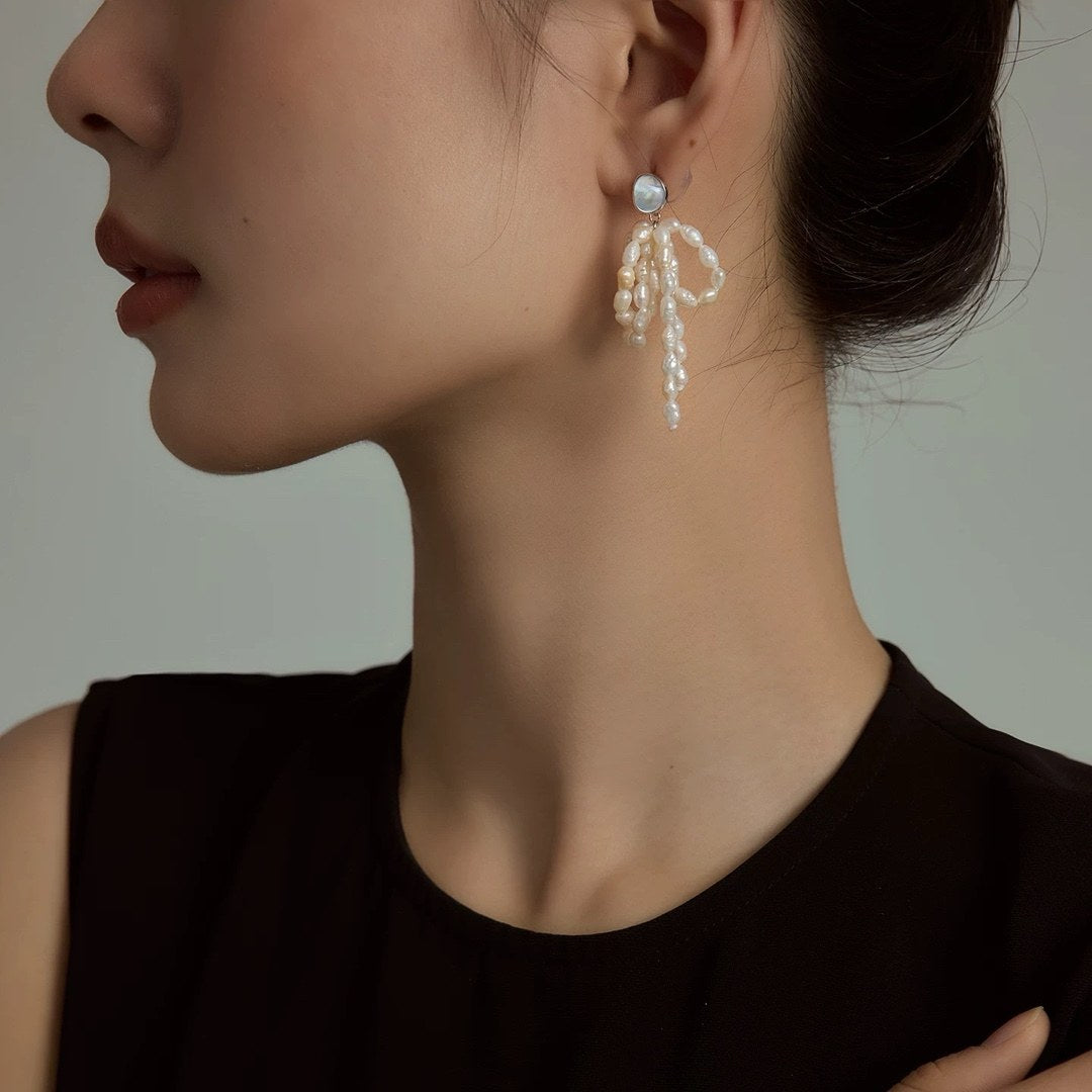 PEARL BOW DROP TASSEL EARRINGS