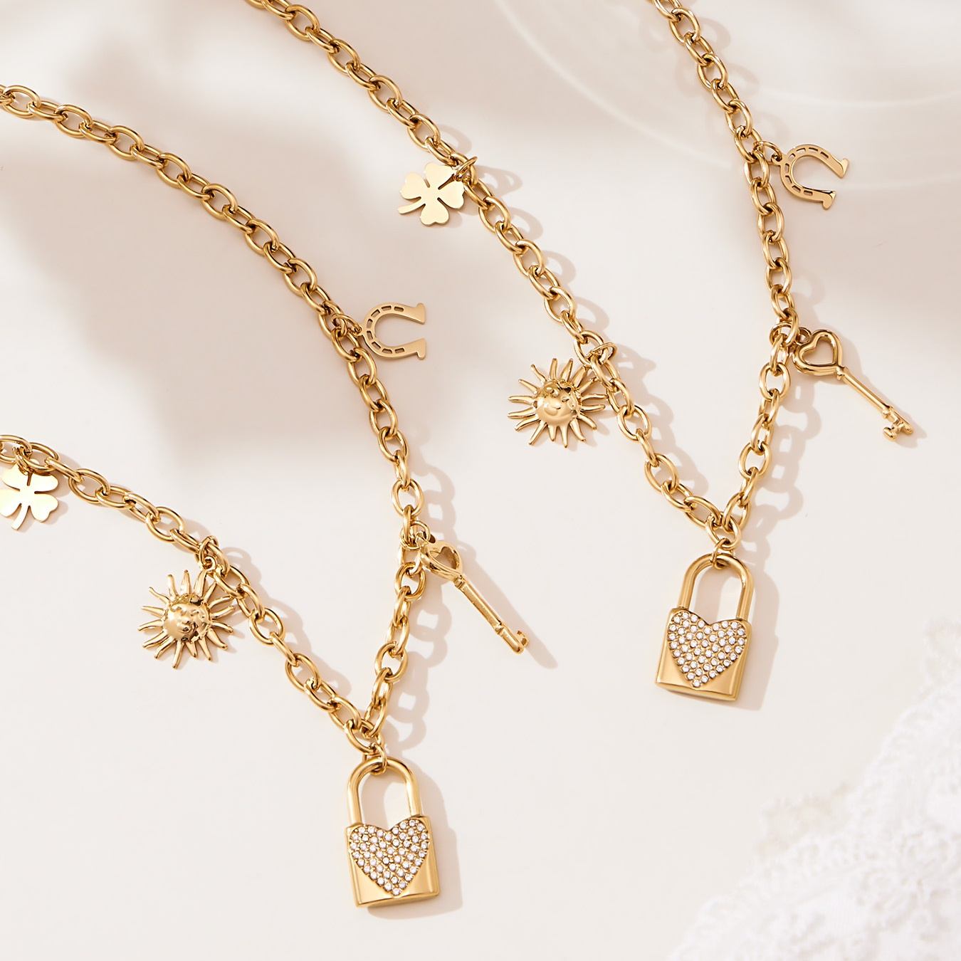 ZIRCON-SET LOCK PENDANT NECKLACE