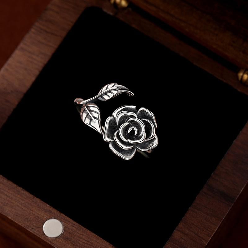 925 Silver Open Ring with Rose Flower Design