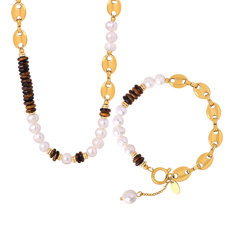 TIGER'S EYE PEARL BEADED NECKLACE & BRACELET SET