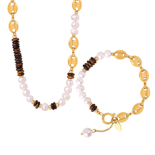 TIGER'S EYE PEARL BEADED NECKLACE & BRACELET SET