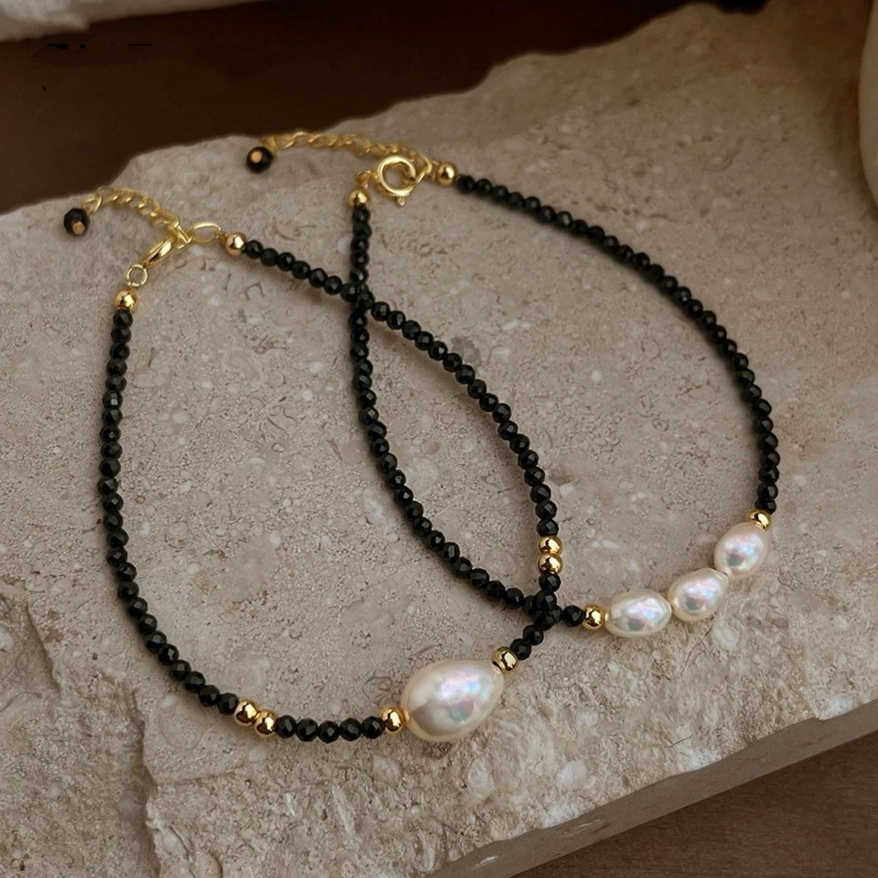 Black Spinel & Pearl Beaded Bracelet