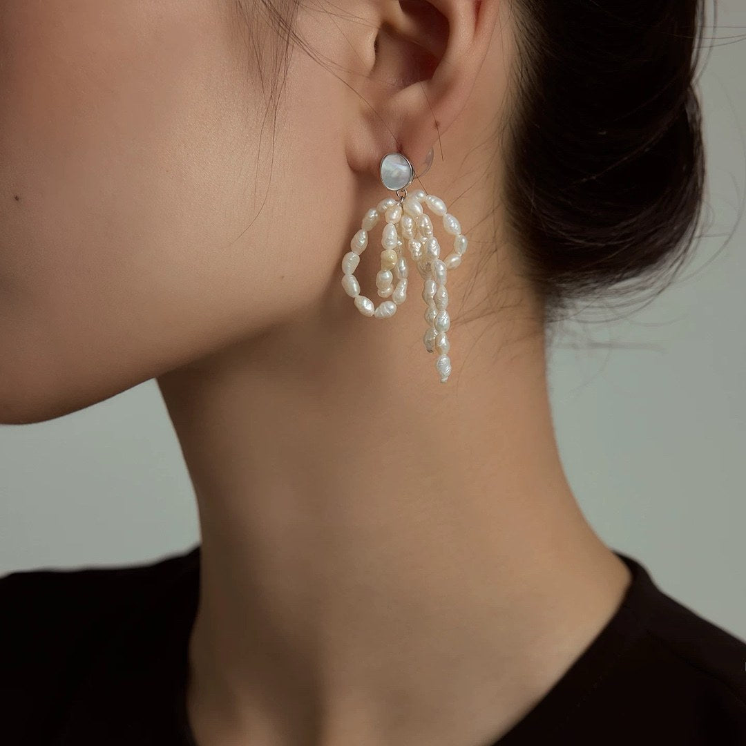 PEARL BOW DROP TASSEL EARRINGS