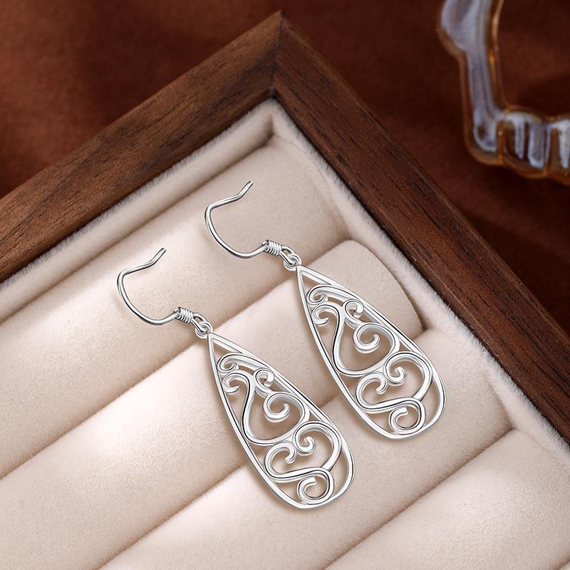 S925 Sterling Silver Hollow-Out Waterdrop Carved Earrings