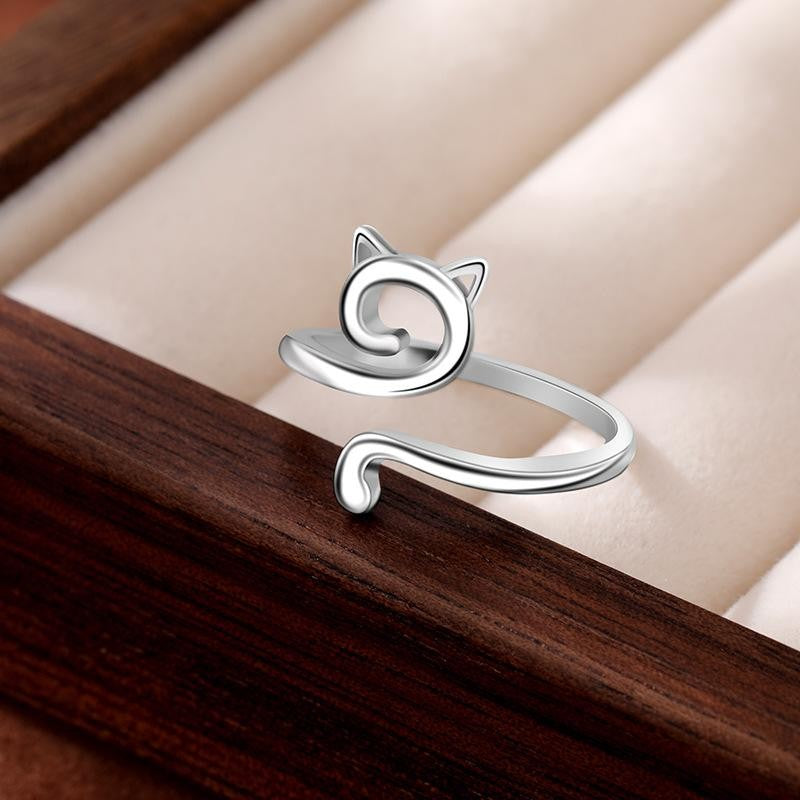 S925 Sterling Silver Open Ring with Cat Design