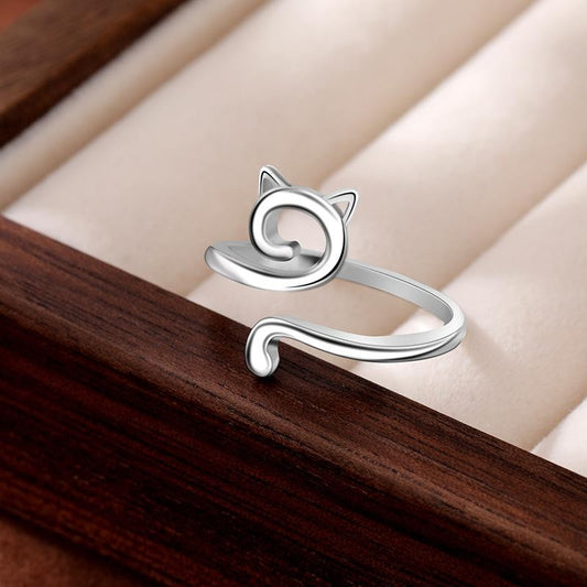 S925 Sterling Silver Open Ring with Cat Design