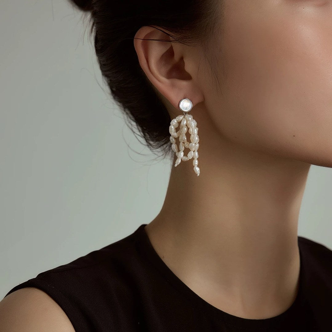PEARL BOW DROP TASSEL EARRINGS