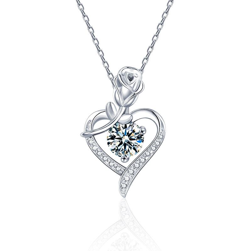 S925 Sterling Silver Necklace with 1-Carat Moissanite Rose Heart Pendant
