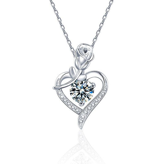 S925 Sterling Silver Necklace with 1-Carat Moissanite Rose Heart Pendant