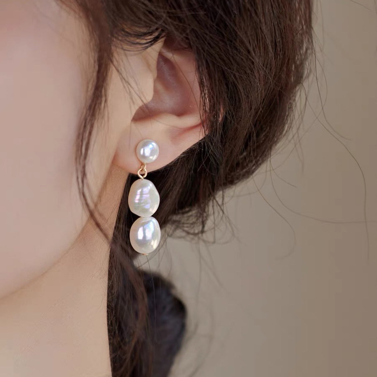 Three-baroque-pearl Beaded Earrings