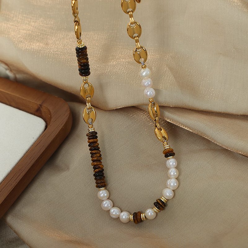 TIGER'S EYE PEARL BEADED NECKLACE & BRACELET SET