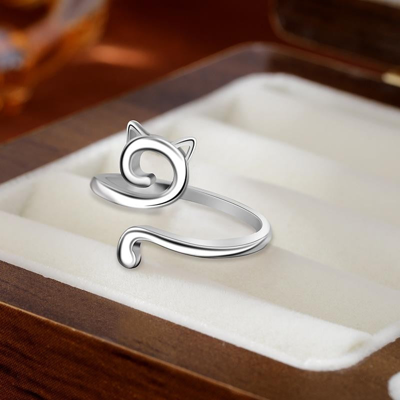 S925 Sterling Silver Open Ring with Cat Design