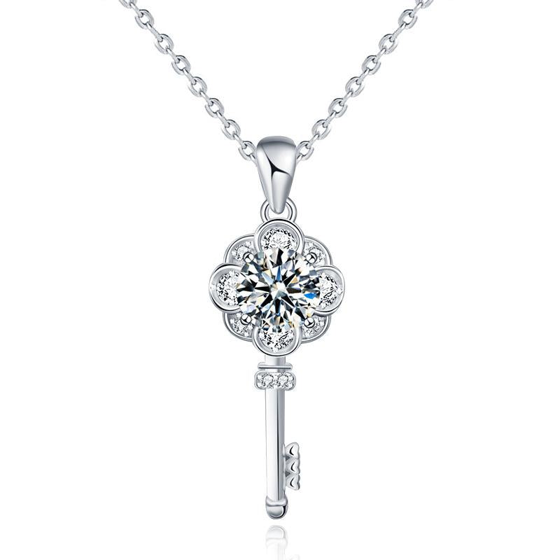 S925 Sterling Silver Necklace with 1-Carat Moissanite Key-Shaped Pendant
