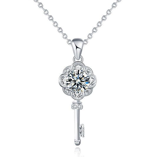 S925 Sterling Silver Necklace with 1-Carat Moissanite Key-Shaped Pendant
