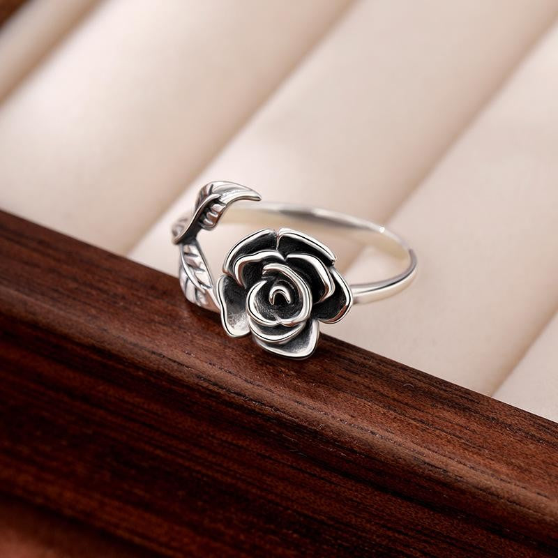 925 Silver Open Ring with Rose Flower Design
