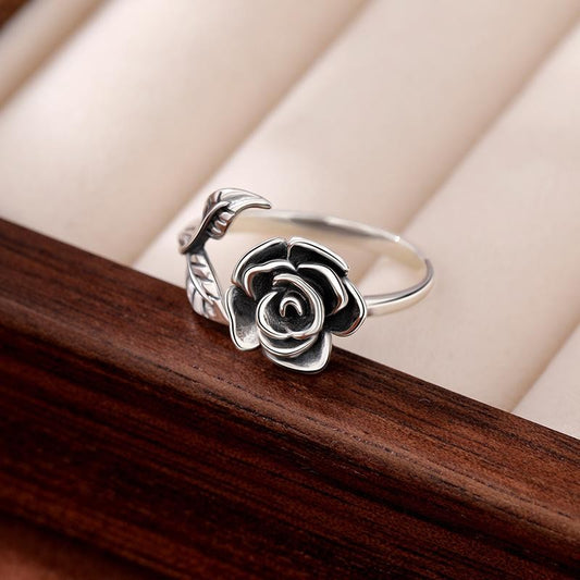 925 Silver Open Ring with Rose Flower Design
