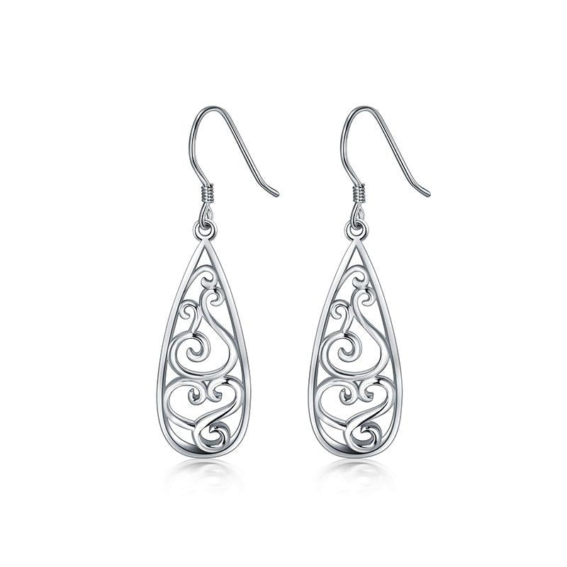 S925 Sterling Silver Hollow-Out Waterdrop Carved Earrings