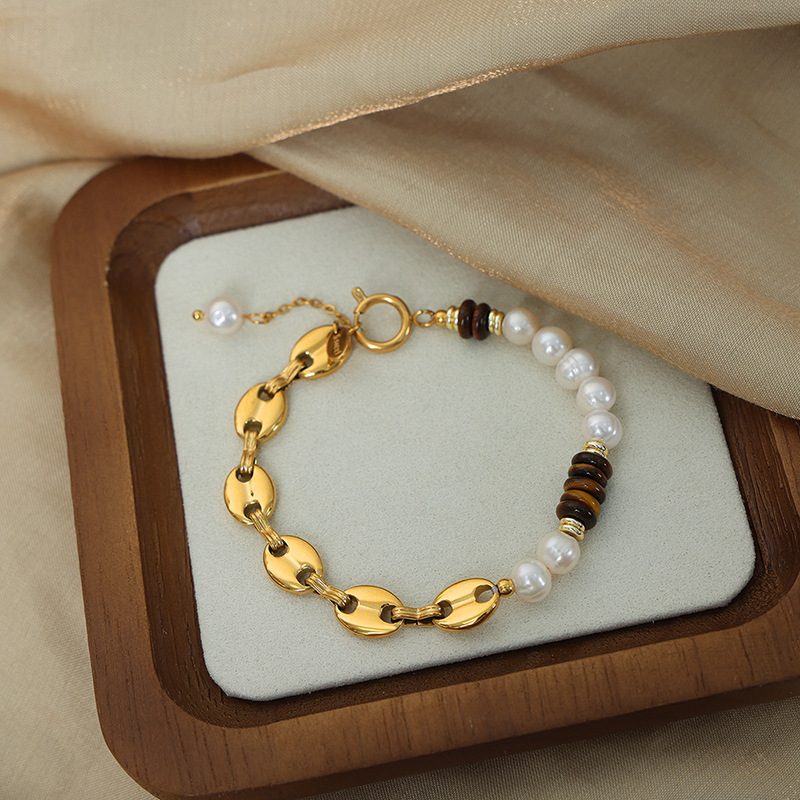 TIGER'S EYE PEARL BEADED NECKLACE & BRACELET SET