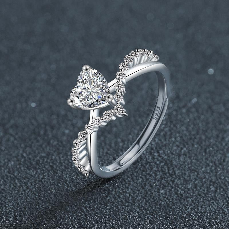 S925 Sterling Silver Open Ring with 1-Carat Heart-Shaped Moissanite