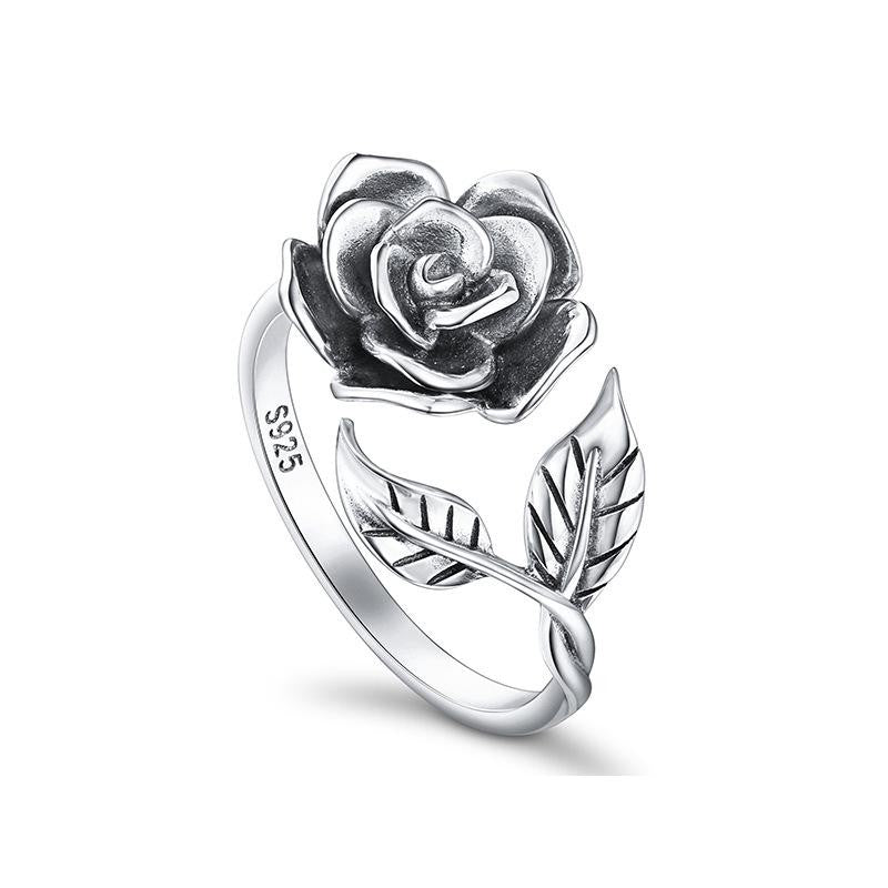 925 Silver Open Ring with Rose Flower Design