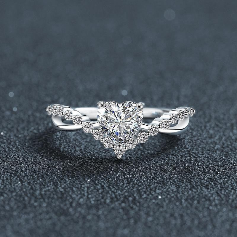 S925 Sterling Silver Open Ring with 1-Carat Heart-Shaped Moissanite