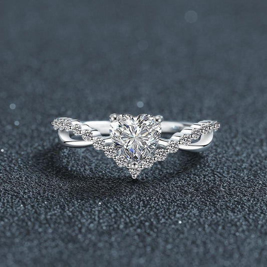 S925 Sterling Silver Open Ring with 1-Carat Heart-Shaped Moissanite