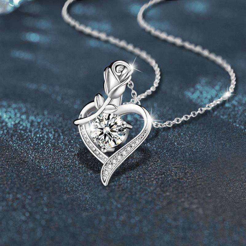 S925 Sterling Silver Necklace with 1-Carat Moissanite Rose Heart Pendant