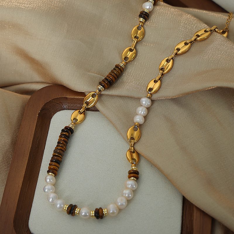 TIGER'S EYE PEARL BEADED NECKLACE & BRACELET SET