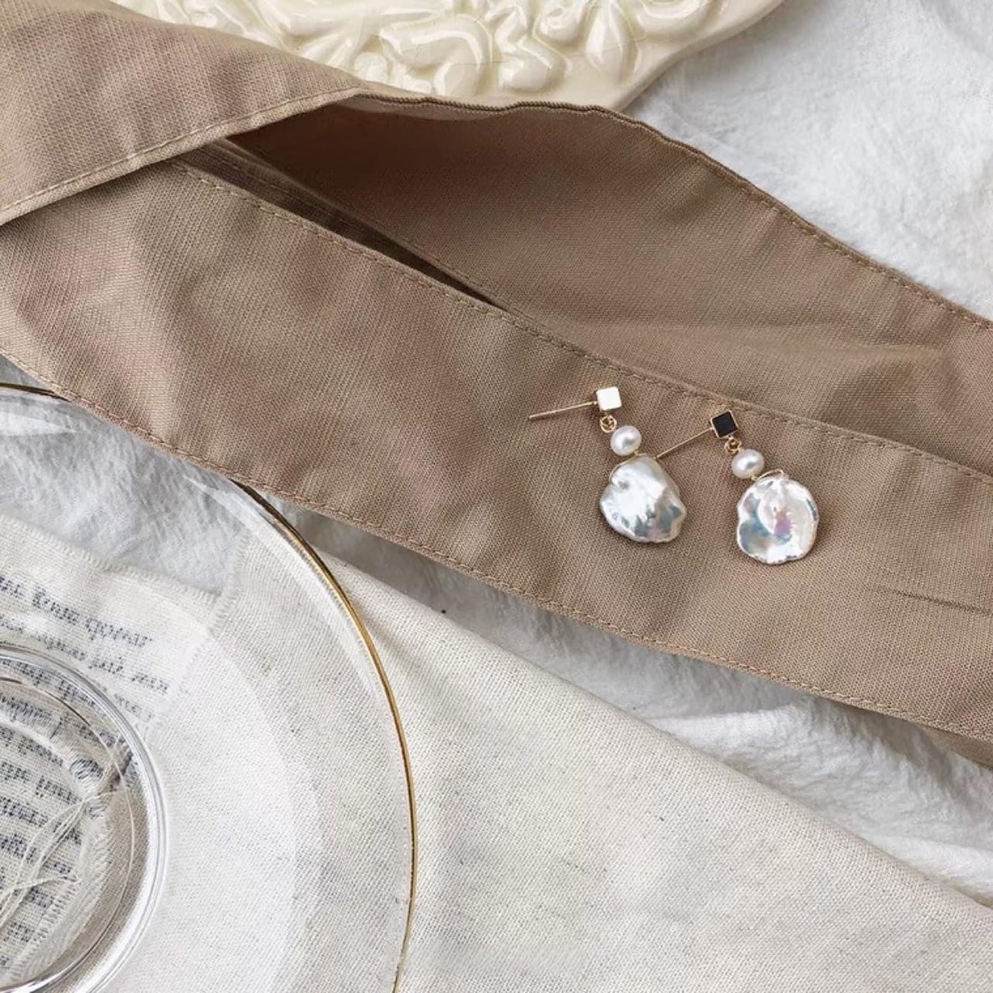 Small Square Crushed Silver + Baroque Pearl Earrings